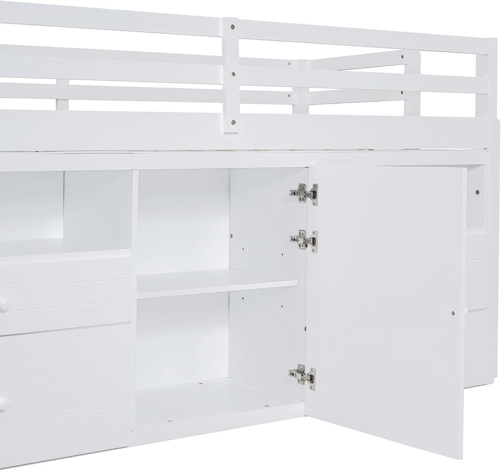 JIVOIT Twin Size Loft Bed with 4 Drawers, Underneath Cabinet and Shelves, Muti-Functional Loft Bed with Full-Length Guardrails and Ladder, Space-Saving Low Loft Bed for Kids Teens (White & 4 Drawers)