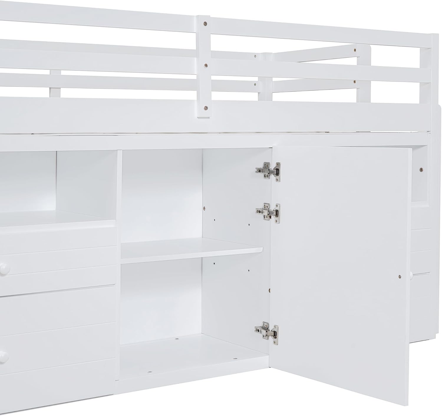 JIVOIT Twin Size Loft Bed with 4 Drawers, Underneath Cabinet and Shelves, Muti-Functional Loft Bed with Full-Length Guardrails and Ladder, Space-Saving Low Loft Bed for Kids Teens (White & 4 Drawers)