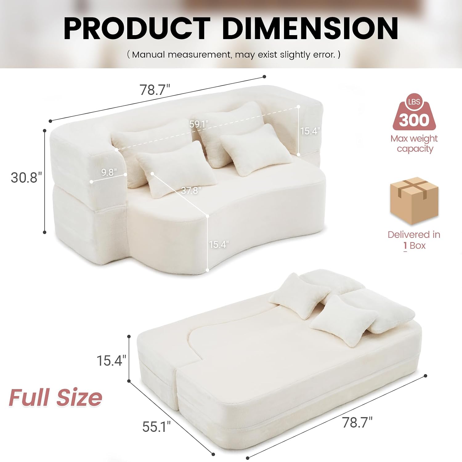 Convertible Folding Sofa Bed, 78' Full Size Loveseat Sleeper Sofa, Chenille Foldable Boneless Floor Couch with 4 Pillows for Guest Living Room Bedroom, No Assembly Required (Beige White)