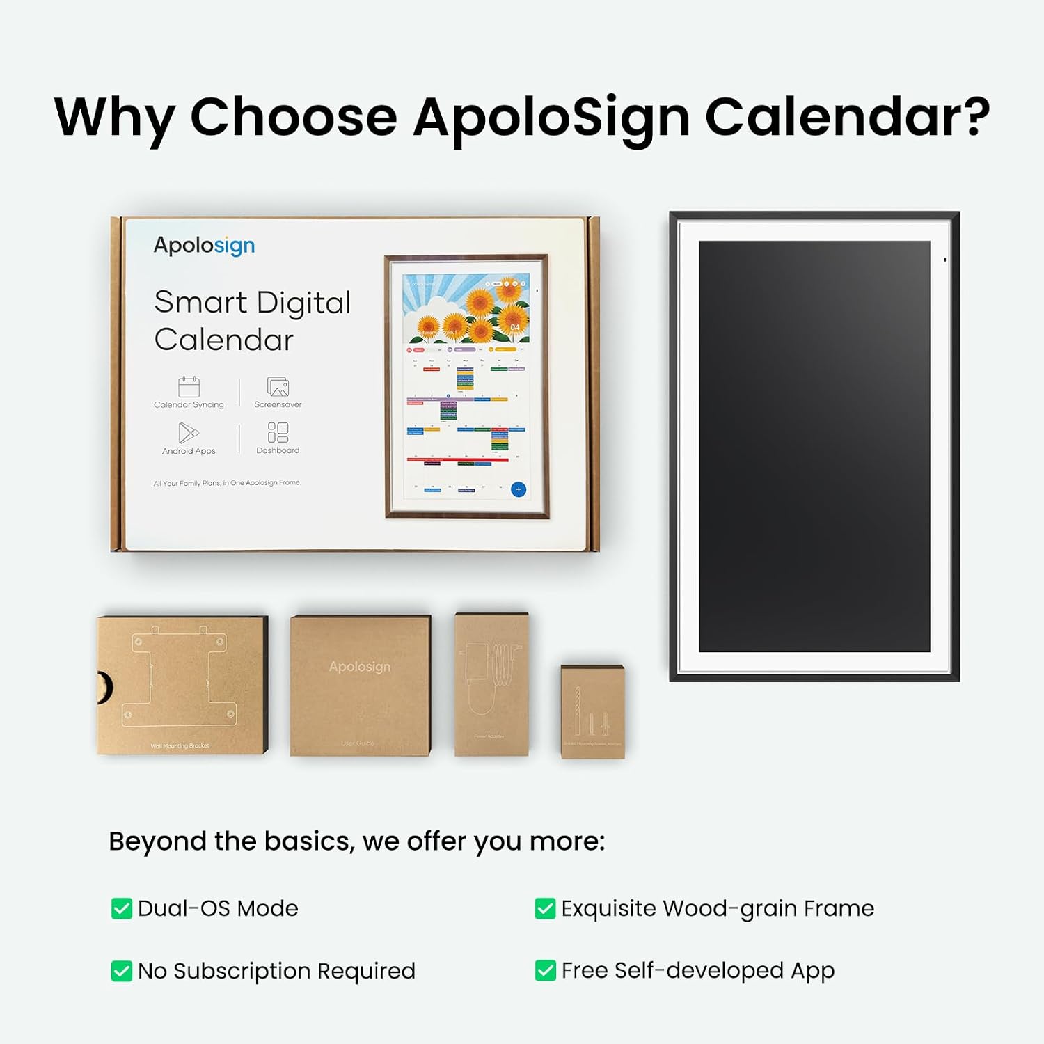 Apolosign 21.5-inch Digital Calendar & Smart Family Wall Planner, No Subscription, Calendar & Dashboard Dual-Mode System, Shared Touchscreen Display with Calendar Sync, Chore Charts & Family Scheduling Hub (Black)
