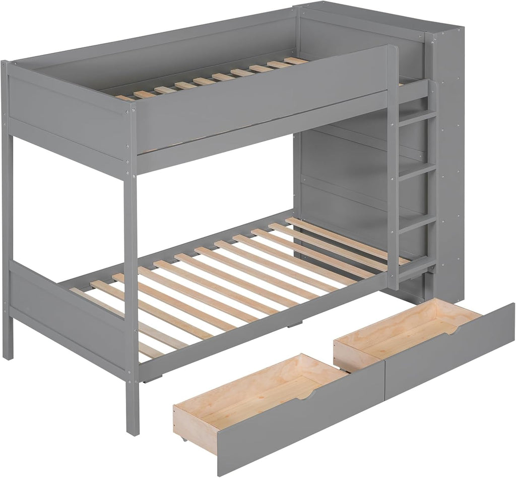 Merax Twin Over Twin Bunk Bed with 2 Drawers and Multi-Layer Cabinet, Gray