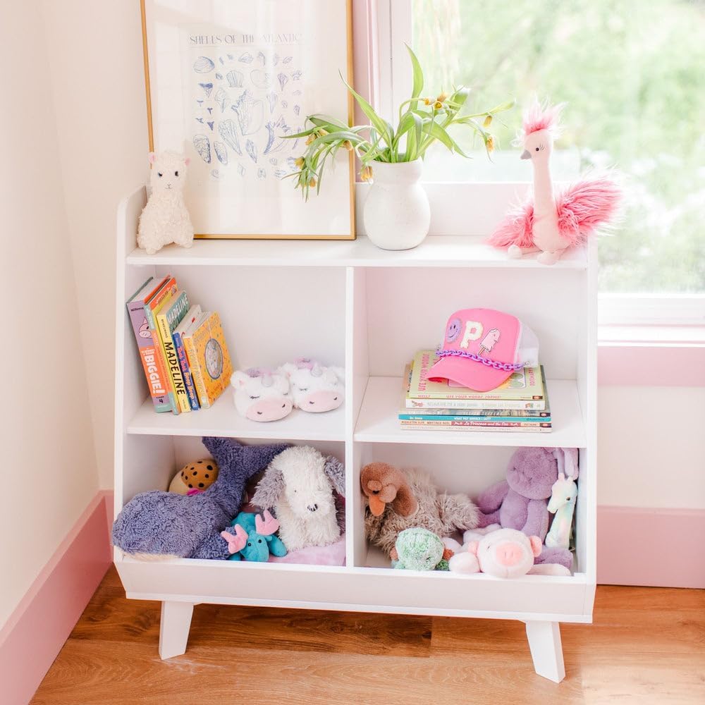 Max & Lily Modern Angled Frankie Bookcase with 3 Shelves and 2 Storage Bins - Stylish Kids' Bookshelf and Toy Organizer, White