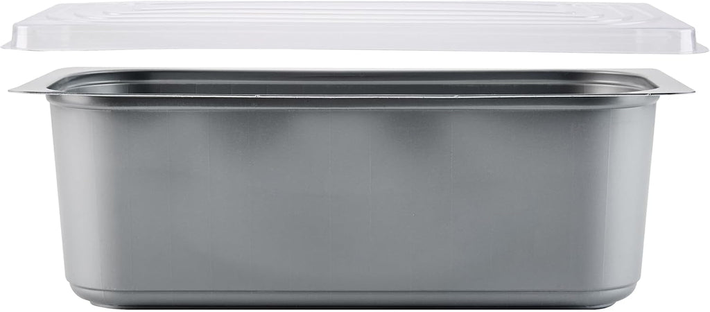 Restaurantware 5 Quart Ice Cream Tub, 100 Count, 5.28 Liter Capacity, Plastic Dessert Container, Rectangular Food Storage Box, Stackable Clear Lid, Gray