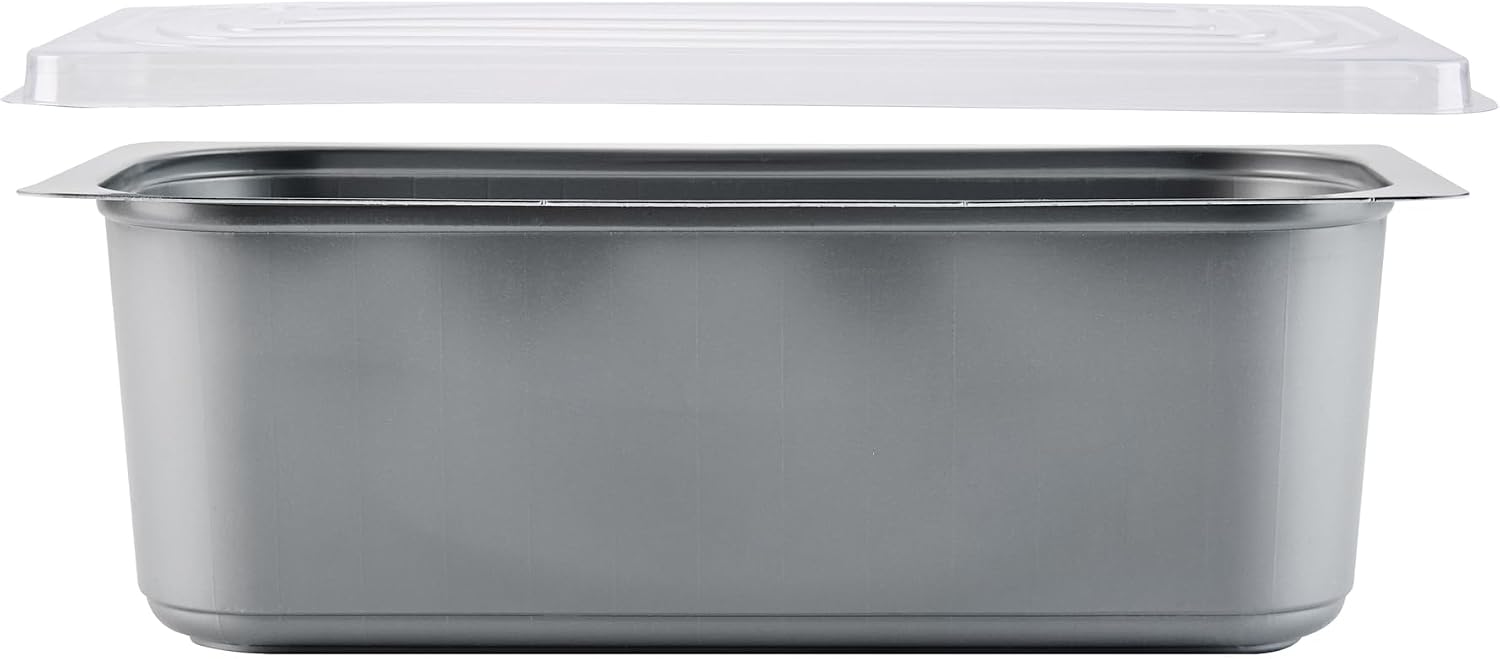 Restaurantware 5 Quart Ice Cream Tub, 100 Count, 5.28 Liter Capacity, Plastic Dessert Container, Rectangular Food Storage Box, Stackable Clear Lid, Gray