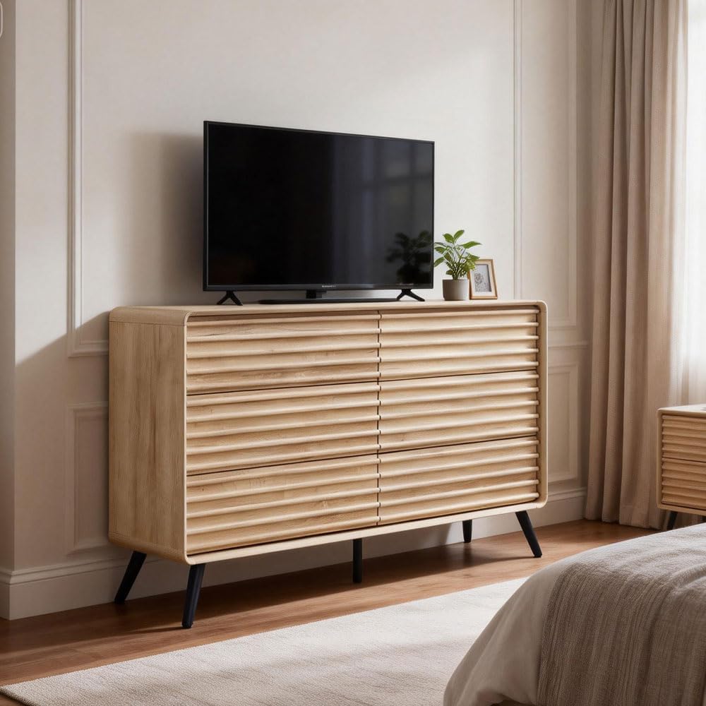 RedLemon 6 Drawers Dresser for Bedroom, 54'' Wide Mid Century Modern Wood Fluted Double Dresser, Chest of Drawers with Tapered Leg for Bedroom, Living Room, Hallway, Closet, Natural Oak