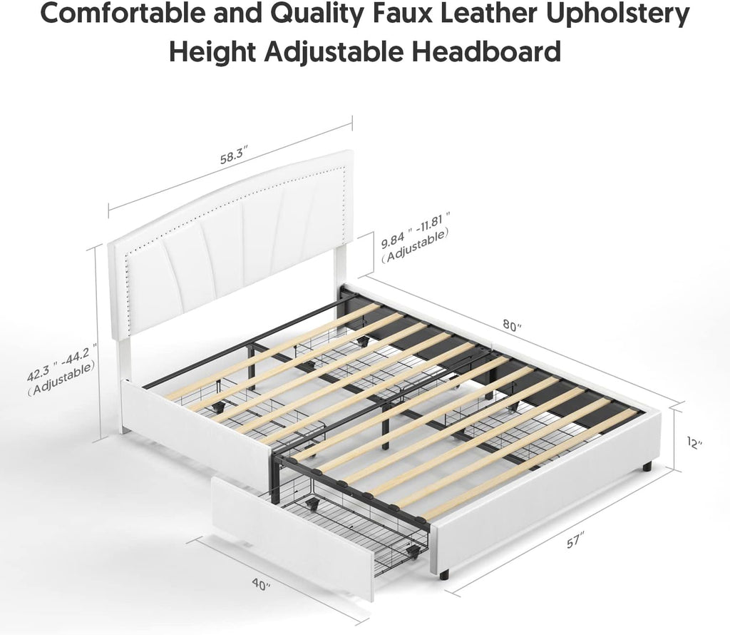 BONSOIR Full Size Storage Bed Frame Upholstered Low Profile Traditional Platform with Tufted and Nail Headboard/No Box Spring Needed/4 Pull Out Drawers/White Faux Leather