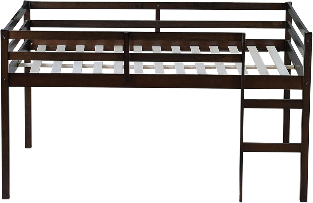JIVOIT Full Size Bed Frame, Rubber Wood Loft Bed with Ladder, Low Height Design Loft Bed, Central Strengthened Support Slat, No Box Spring Needed