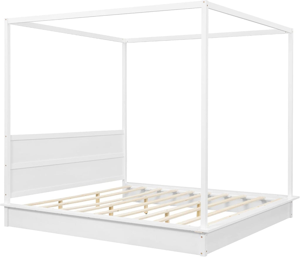 King Size Canopy Platform Bed with LED Lights and Headboard, Wooden 4-Post Canopy Bed Frame with Support Slats, No Box Spring Needed (King)