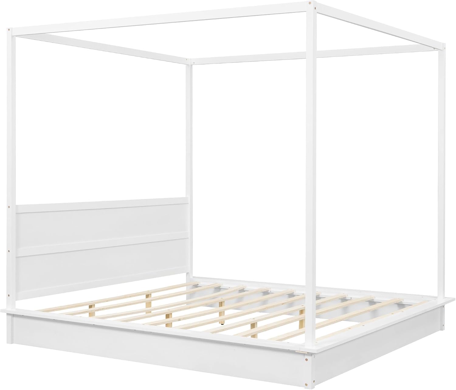 King Size Canopy Platform Bed with LED Lights and Headboard, Wooden 4-Post Canopy Bed Frame with Support Slats, No Box Spring Needed (King)