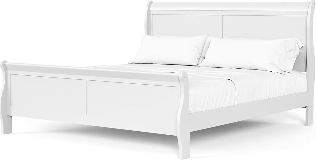 MAKLAINE Modern Transitional Solid Wood Full Bed, White Finish, Sleigh Design with Paneled Headboard and Footboard, 83.5' L x 56.25' W x 47.25' H, Durable Kids Bed for Bedroom, Box Spring Required