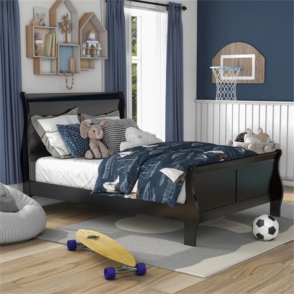 MAKLAINE Modern Transitional Solid Wood Panel Full Bed, Black Finish, Sleigh Design, 83.5' L x 56.25' W x 47.25' H, Curved Headboard and Footboard, Kids Bedroom Furniture, Box Spring Required