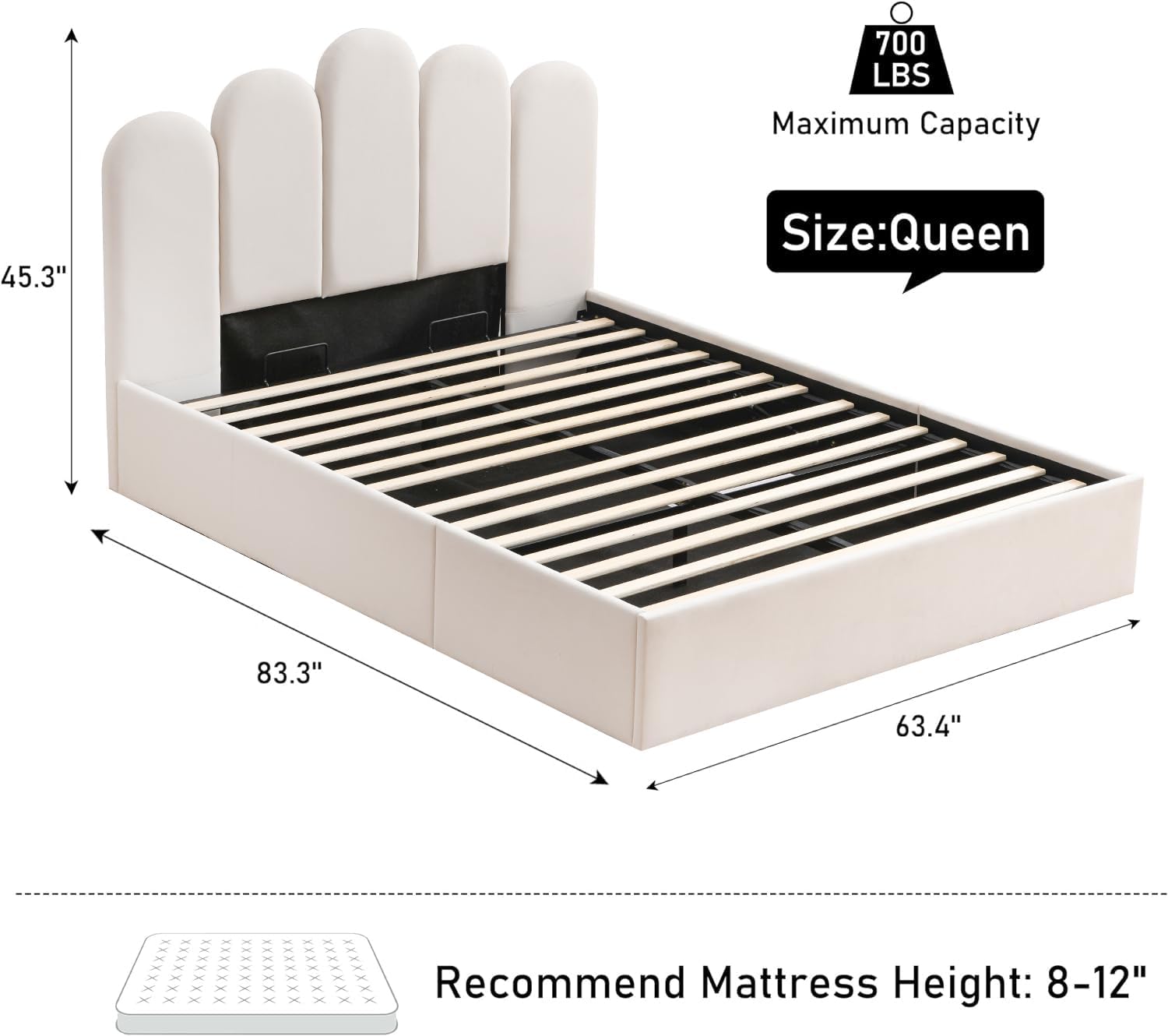 Lift Up Storage Bed Queen Size, Upholstered Platform Bed with Hydraulic Storage System & Wood Slats Support, Queen Bed Frame with Headboard, No Box Spring Needed, Easy Assembly, Cream