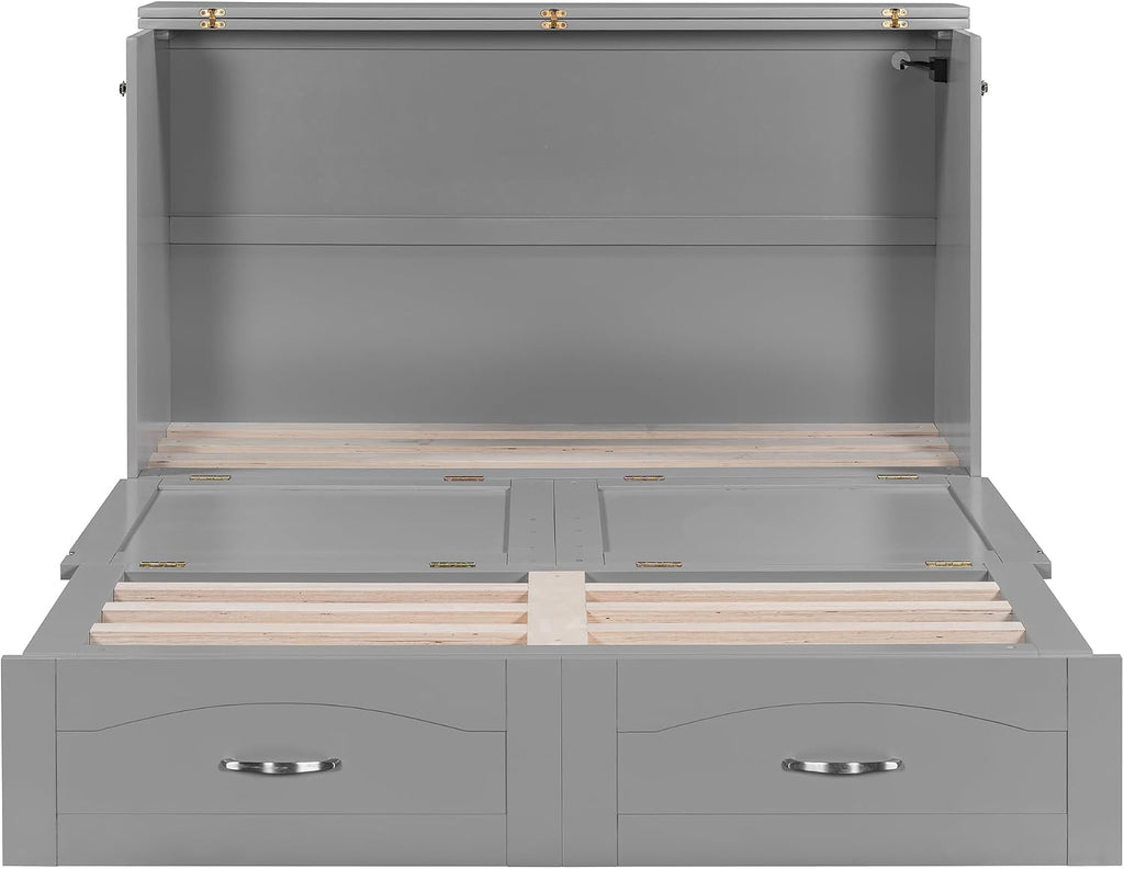 Full Size Murphy Wall Bed with Drawer and a Set of Sockets & USB Ports,Modern Bed Frame with Pulley Structure Design for Kids Teen Girls Boys Adults Bedroom Furniture (Gray-46, Full)