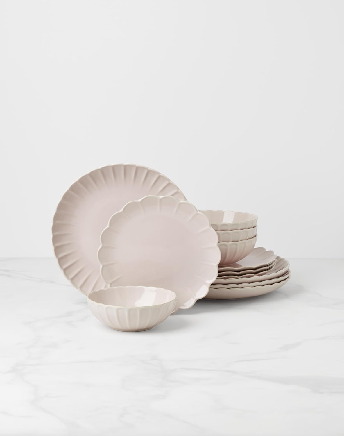 Lenox Dinnerware Set, French Perle Scallop Blush 12-Piece Set, Service For 4, Stoneware, Dishwasher Safe, Microwave Safe, Plates and Bowls sets, Dish Set, Plate Set, Home And Kitchen (Pink, 12 Piece)