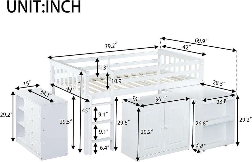 JIVOIT Twin Size Low Loft Bed, Multifunctional Loft Bed with Pulling-Out Desk, Storage Cabinet, Drawer and Shelf Cabinet, Rubber Wood Loft Bed with Safety Guardrail, Ladder, Easy Assembly (White/262)