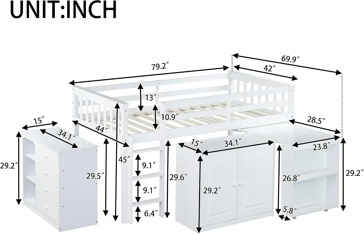 JIVOIT Twin Size Low Loft Bed, Multifunctional Loft Bed with Pulling-Out Desk, Storage Cabinet, Drawer and Shelf Cabinet, Rubber Wood Loft Bed with Safety Guardrail, Ladder, Easy Assembly (White/262)