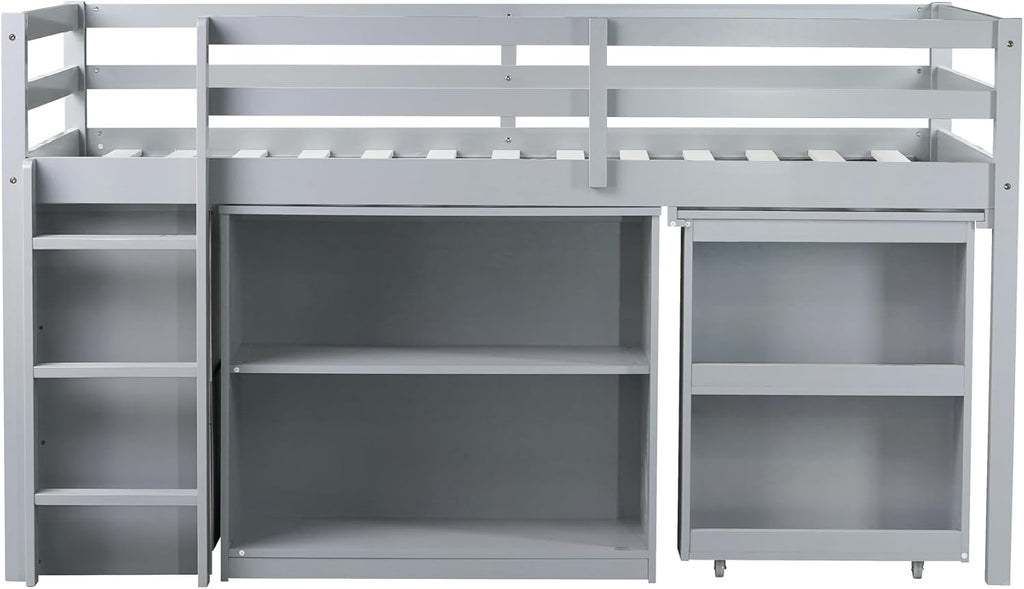Twin Loft Bed, Multifunctional Loft Bed with Drawer Cabinet, Shelf Cabinet and Pulling-Out Desk, Flexible Under-bed Storage Space, Rubber Wood Loft Bed with Safety Guardrail and Ladder (Grey/261)