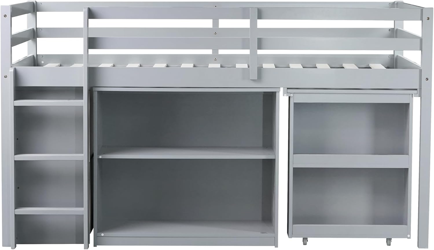 Twin Loft Bed, Multifunctional Loft Bed with Drawer Cabinet, Shelf Cabinet and Pulling-Out Desk, Flexible Under-bed Storage Space, Rubber Wood Loft Bed with Safety Guardrail and Ladder (Grey/261)