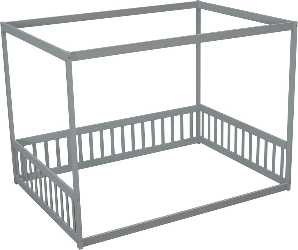 Full Size Canopy Bed Frame with 4 Posters and Guardrails for Kids, Wood Montessori Floor Bed Full Size with High Fence for Girls & Boys, Easy Assemble, Montessori Beds,Gray