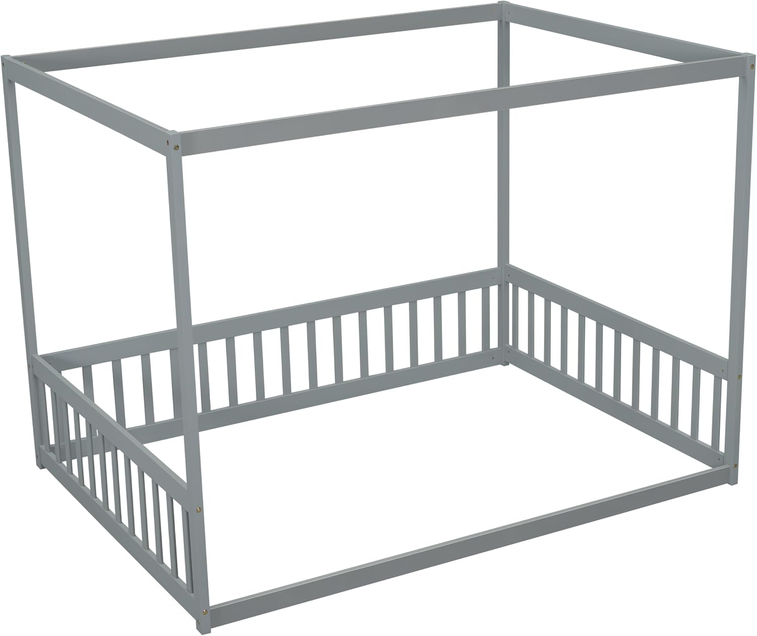 Full Size Canopy Bed Frame with 4 Posters and Guardrails for Kids, Wood Montessori Floor Bed Full Size with High Fence for Girls & Boys, Easy Assemble, Montessori Beds,Gray