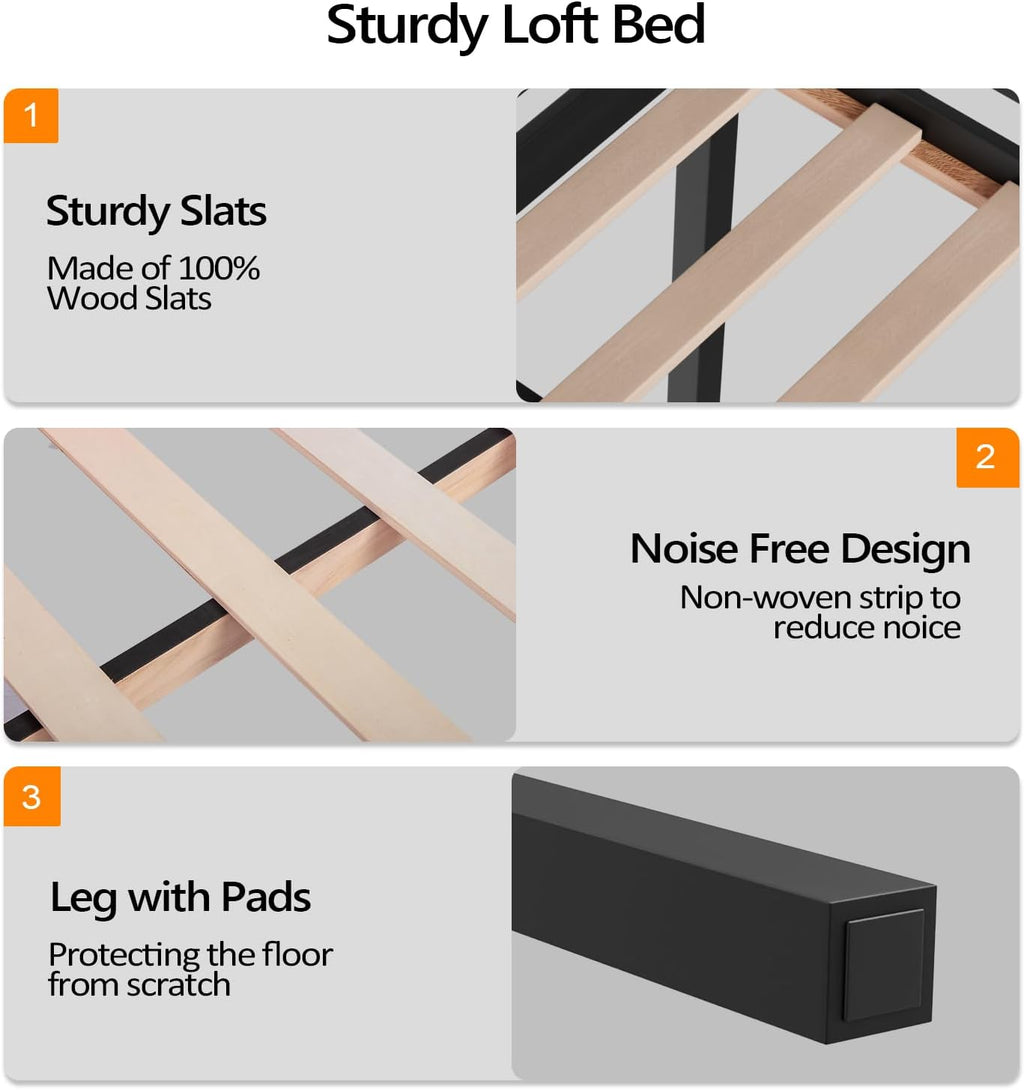 VINGLI 47'' Tall Junior Low Loft Bed with Stairs, Wood Loft Bed Twin Size for Adults, Kids and Young Teens, No Box Spring Required,Wood Slat Support, Black