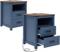Farmhouse Night Stand Set of 2, Rustic Blue Nightstand for Bedroom, End Tables with Charging Station, Bedside Table with Drawers, Wood Bedside Cabinet Dresser
