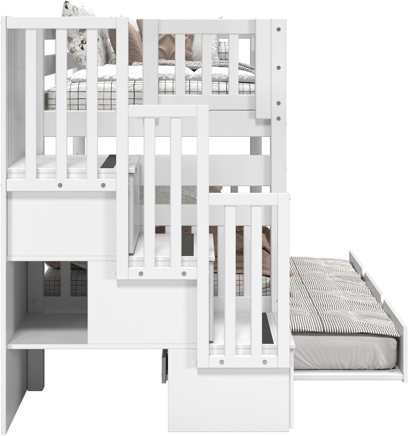Bedz King Stairway Bunk Beds Twin Over Twin, 3 Step Drawers and a Twin Trundle, White