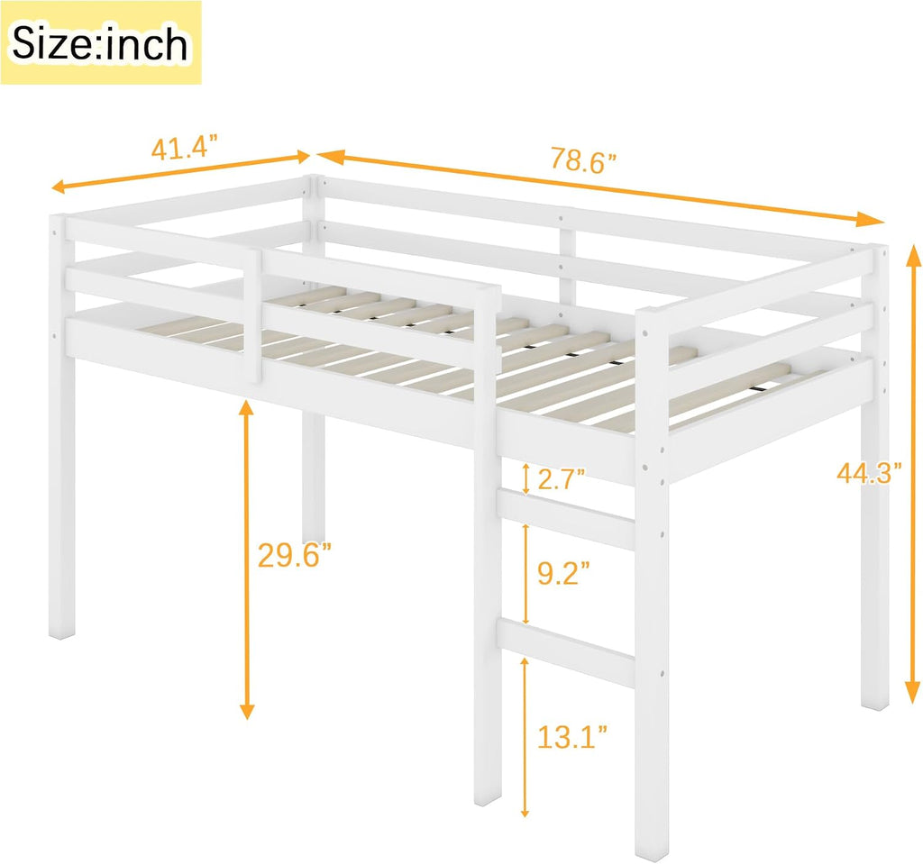 JIVOIT Wood Low Loft Bed Frame with Ladder, Solid Rubber Wooden Twin Loft Bed, Bed Platform of Strengthened Slats, Space Saving Design, No Box Spring Needed (White,104)