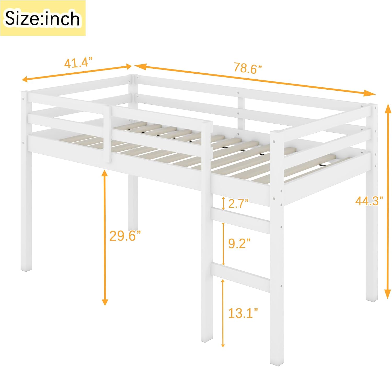 JIVOIT Wood Low Loft Bed Frame with Ladder, Solid Rubber Wooden Twin Loft Bed, Bed Platform of Strengthened Slats, Space Saving Design, No Box Spring Needed (White,104)