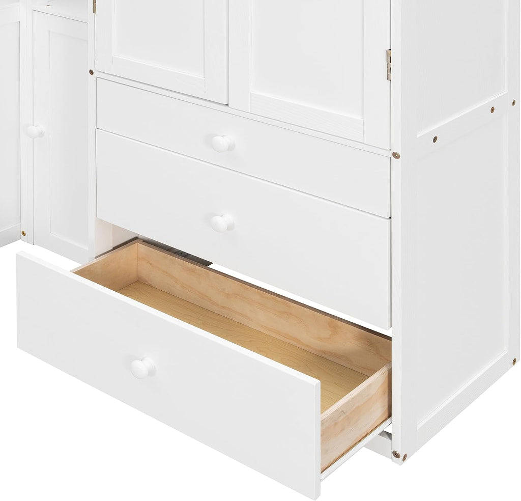 Multifunctional Design Twin Size Platform Bed with All-in-One Vertical Cabinet Bookcase and Desk, Solid Wood Platform Bed Frame with Storage Headboard, Drawers and Shelves (White-1.2)