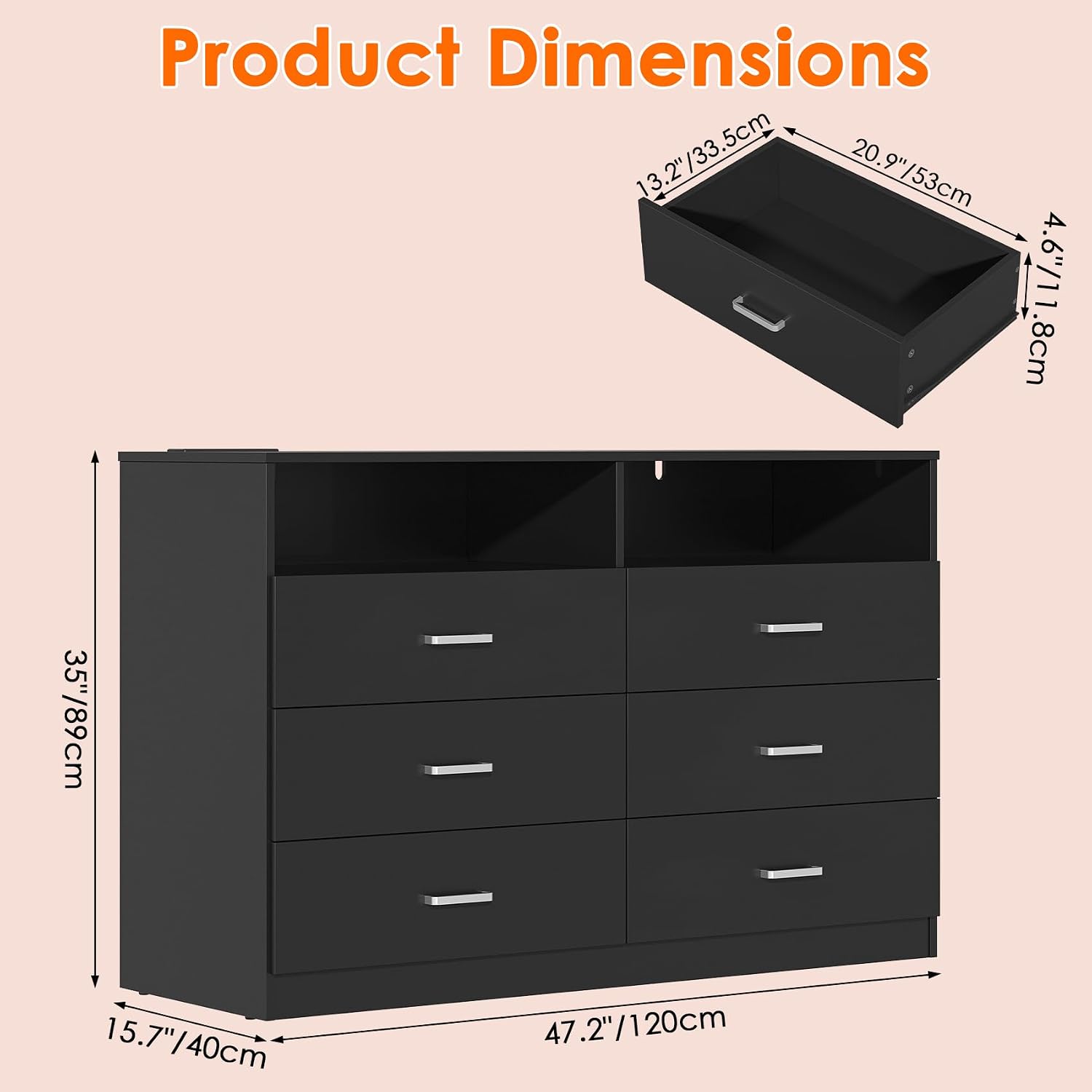 Bigbiglife Dresser for Bedroom, 6 Drawer Dresser with Charging Station and Led Light, Modern Chest of Drawers for Bedroom, Living Room,Black