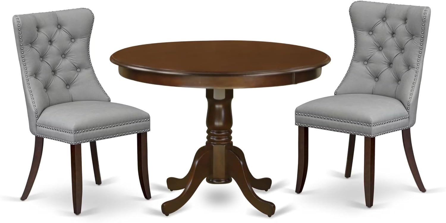 East West Furniture HLDA3-MAH-27 3 Piece Dining Set Consists of a Round Kitchen Table with Pedestal and 2 Polyester Fabric Upholstered Parson Chairs, 42x42 Inch, Mahogany