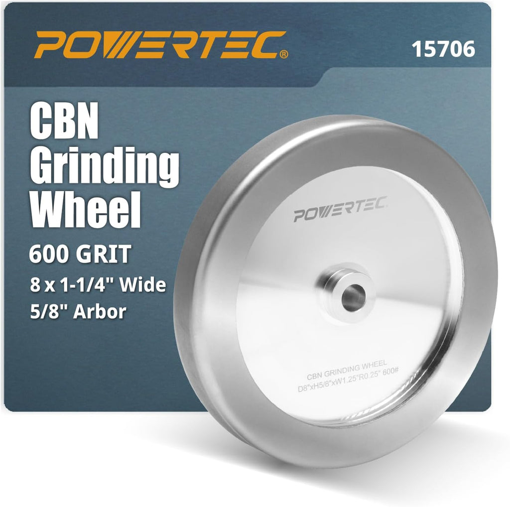POWERTEC CBN Grinding Wheel 8 Inch 600 Grit, 1-1/4' Wide, 5/8' Arbor – 4-in-1 CBN Sharpening Wheel with 1/4' Radius Edge and Side Face for Bench Grinder (15706)