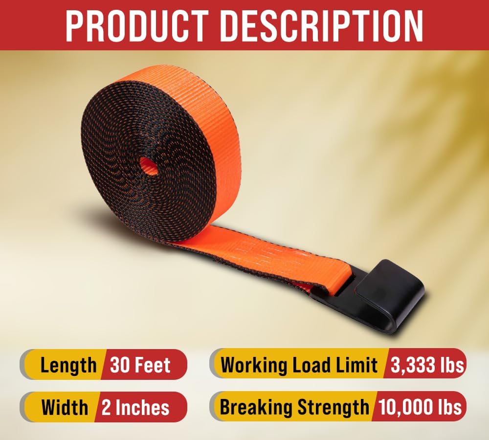 Mytee Products (8 Pack) Winch Straps 2' x30' - High Abrasion Orange Heavy Duty Tie Down w/Flat Hook WLL# 6670 lbs - 2 Inch Cargo Control for Flatbed Truck Utility Trailer