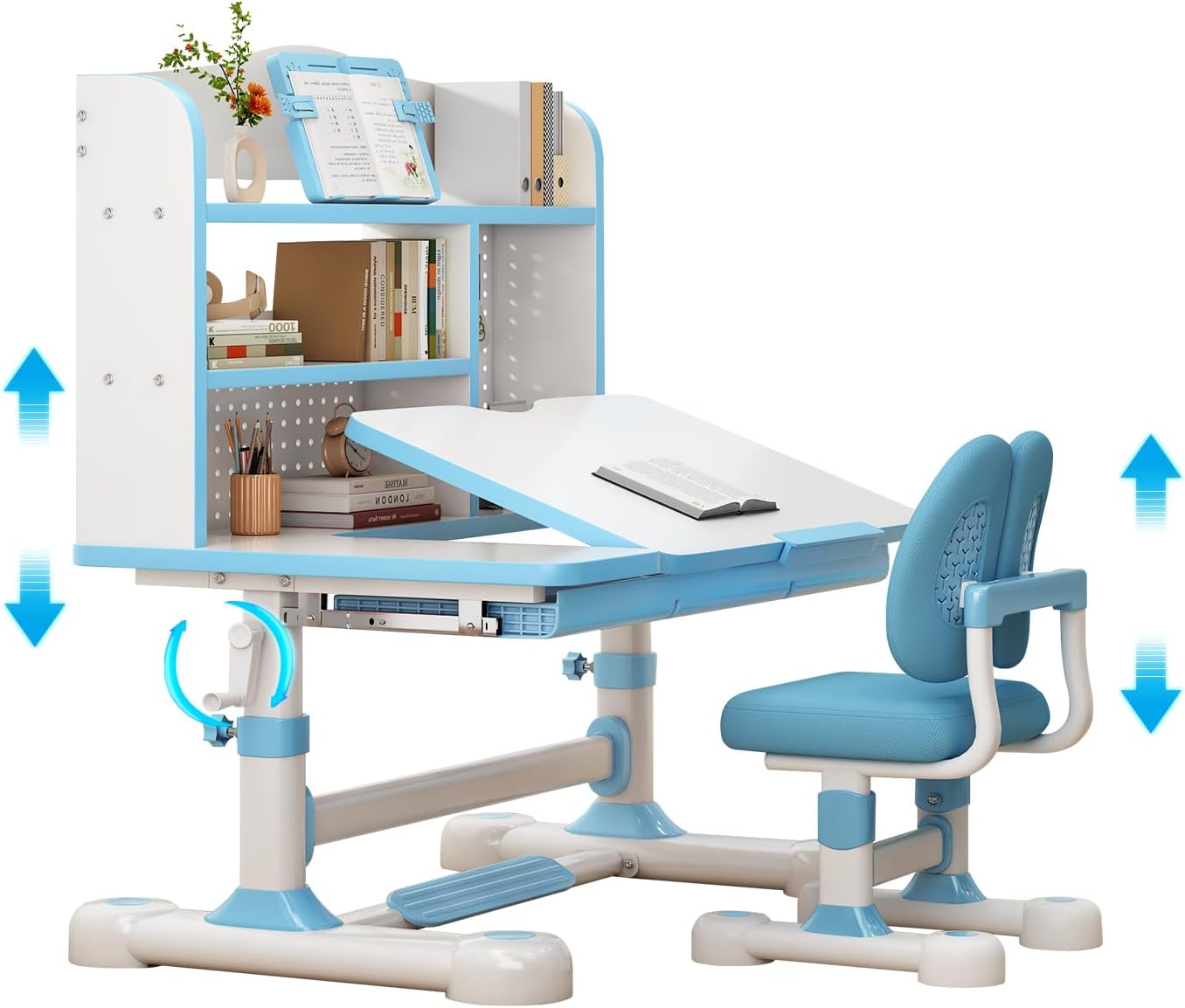 Kids Functional Desk and Chair Set – Ergonomic Height Adjustable Art Desk with One-Touch Tilting Desktop, Book Stand, Reading Rack & Storage Drawer for Children Boys & Girls (013-Blue)