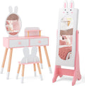 Costzon Kids Vanity Set & Jewelry Armoire Cabinet, Wooden Kids Vanity Table and Chair Set, Standing Jewelry Organizer with Full-Length Mirror, Kids Bedroom Furniture Set for Girls (White)