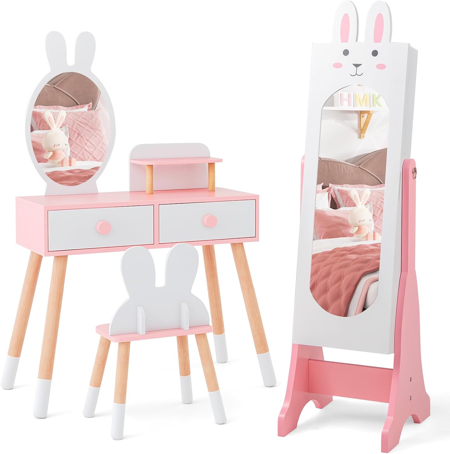 Costzon Kids Vanity Set & Jewelry Armoire Cabinet, Wooden Kids Vanity Table and Chair Set, Standing Jewelry Organizer with Full-Length Mirror, Kids Bedroom Furniture Set for Girls (White)