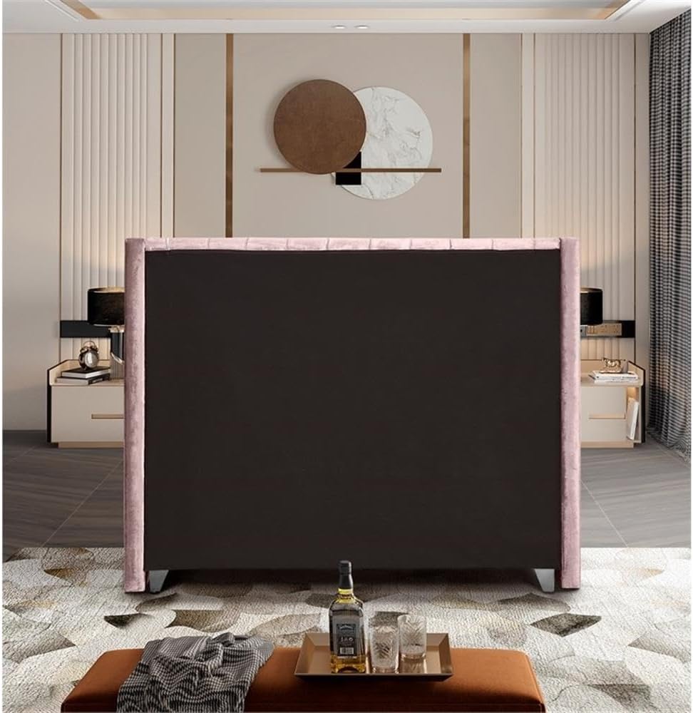Meridian Furniture Aiden Collection Modern | Contemporary Velvet Upholstered Bed with Deep Button Tufting, Solid Wood Frame, and Custom Chrome Legs, Queen, Pink