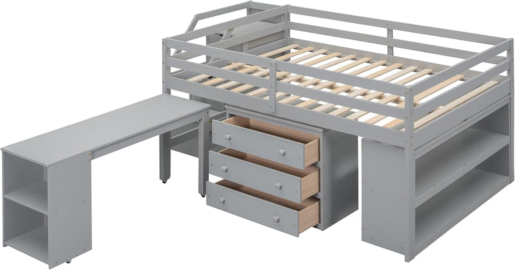 Full Size Loft Bed with Retractable Writing Desk, Wooden Loft Bed with 3 Drawers and Shelves, Storage Stairs, Versatility Low Loft Bed Storage Bed for Kids Boys Girls Bedroom (Gray,Storage Stairs)