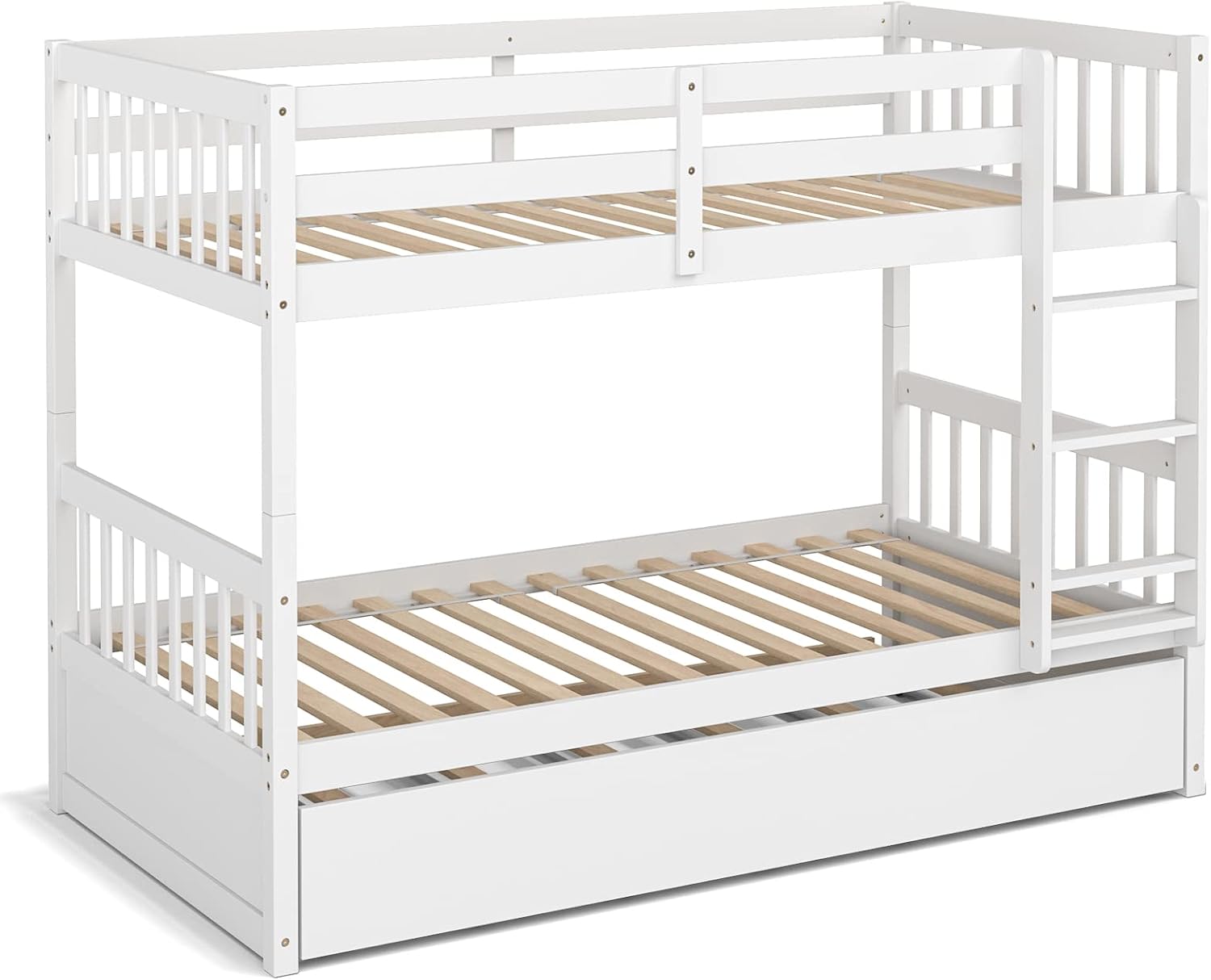 Giantex Twin Over Twin Bunk Bed with Trundle, Convertible Platform Bed Frame with Ladder & Solid Wood Frame, Space-Saving Bunk Bed for Teens & Adults, No Box Spring Needed, White