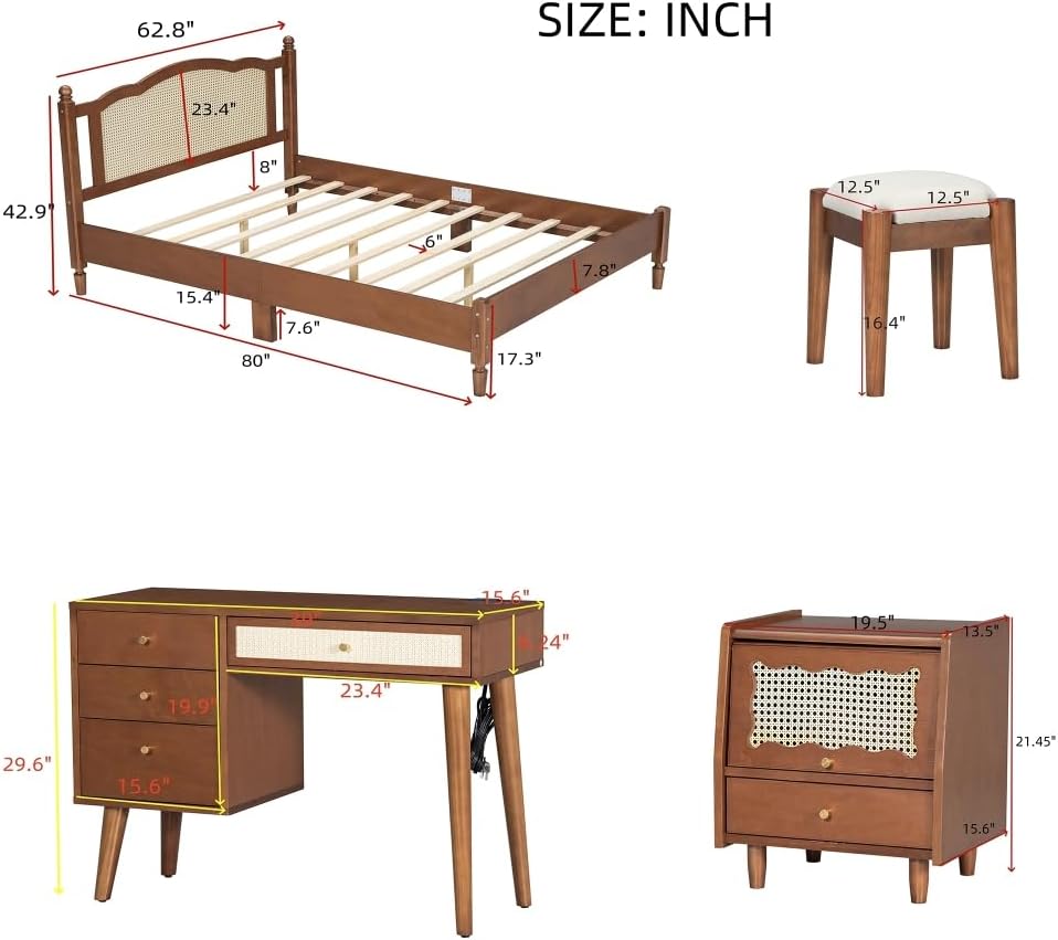 3 Pieces Bedroom Set with Full Size Wooden Bed Frame, 1 Vintage Nightstand and 1 Makeup Vanity Set with Stool,Black (Walnut + Wood + Queen + 3 Piece Set)