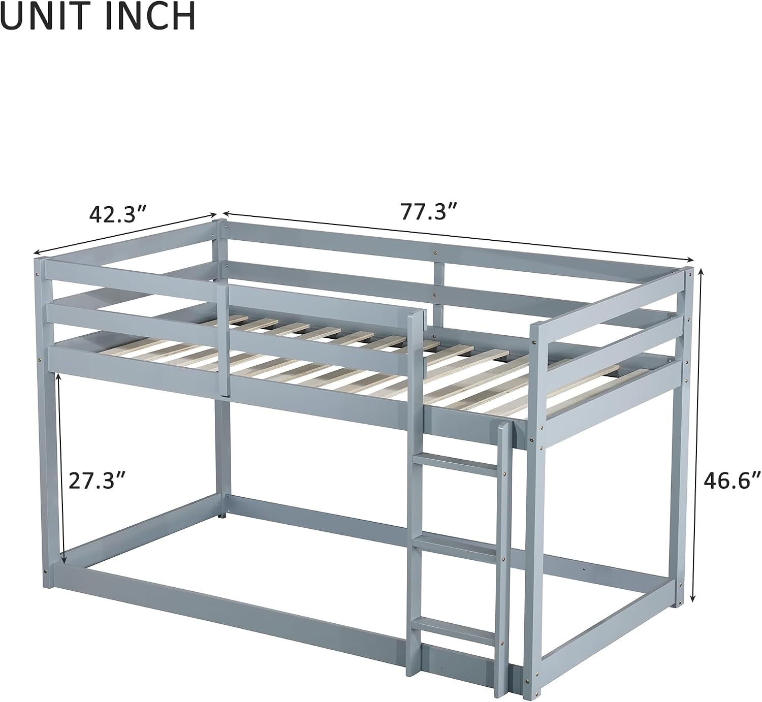 Ball & Cast Twin Over Twin Bunk Bed,Solid Rubber Wooden Low Floor Platform Bed with Ladder and Full Length Guardrail,Slat Support,Bedroom Furniture for Girls Boys,Grey