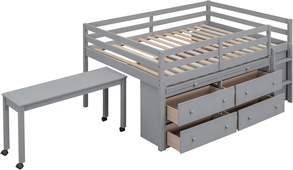 JIVOIT Full Size Low Loft Bed with Retractable Writing Desk, Storage Bed with 4 Drawers and Shelves, Wooden Loft Bed with Lateral Portable Desk for Kids Teens Adults Bedroom (Gray,Full,9)