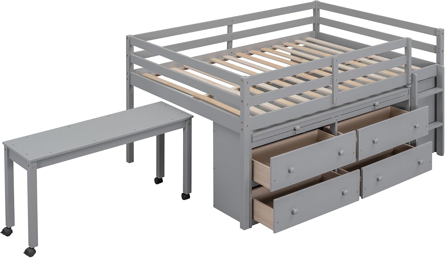 JIVOIT Full Size Low Loft Bed with Retractable Writing Desk, Storage Bed with 4 Drawers and Shelves, Wooden Loft Bed with Lateral Portable Desk for Kids Teens Adults Bedroom (Gray,Full,9)