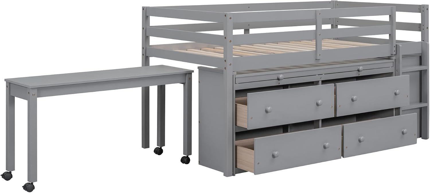 JIVOIT Twin Size Low Loft Bed with Retractable Writing Desk, Storage Bed with 4 Drawers and Shelves, Wooden Loft Bed with Lateral Portable Desk for Kids Teens Adults Bedroom (Gray,Twin,9)