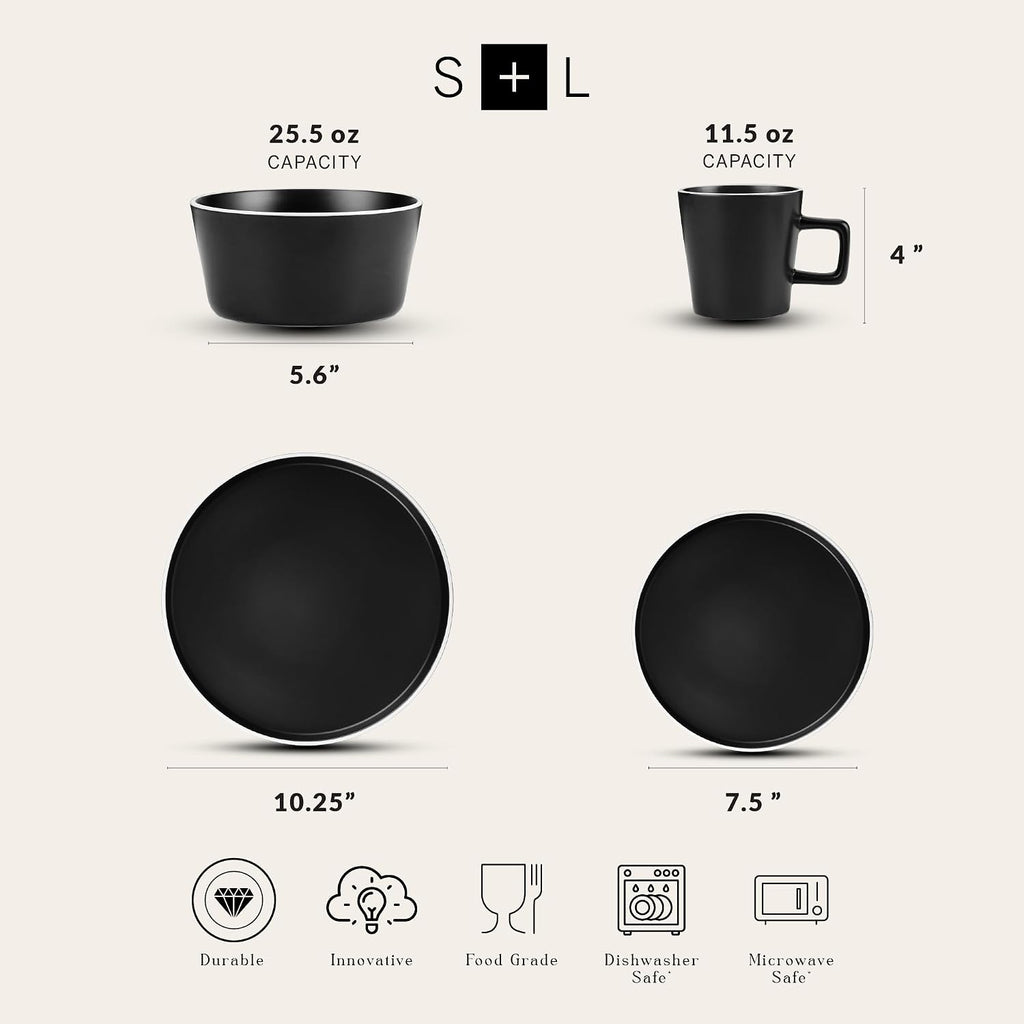 Stone Lain Allison Stoneware Dish Set, 32-Piece Round Dishes for 8, Black and White