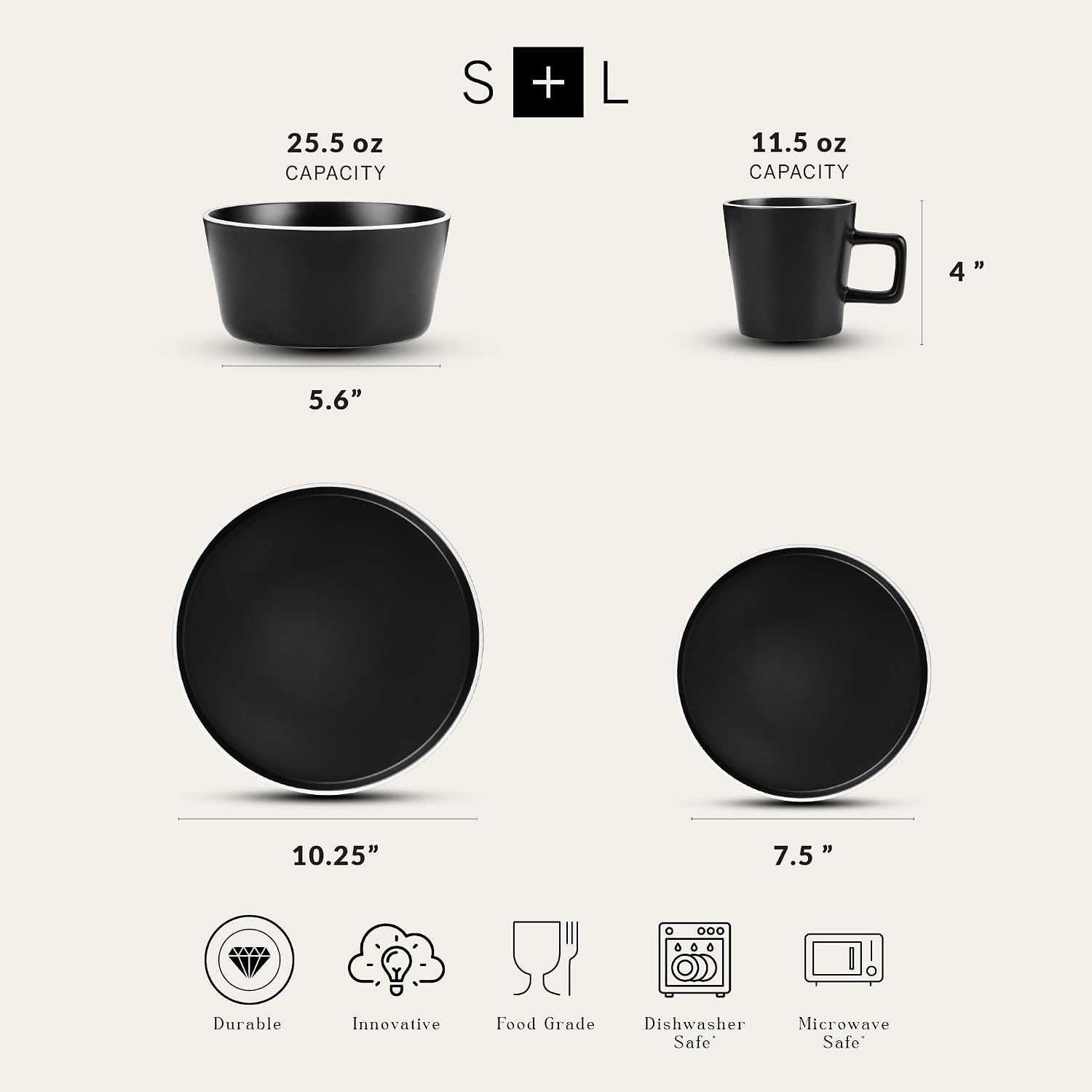 Stone Lain Allison Stoneware Dish Set, 32-Piece Round Dishes for 8, Black and White
