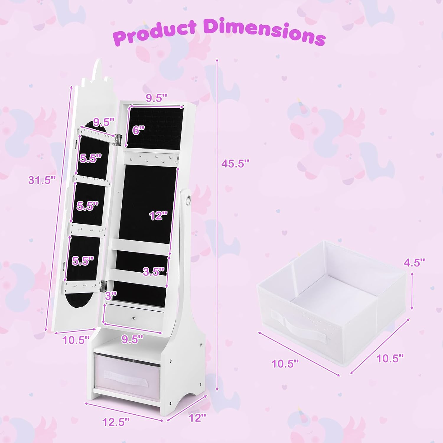 GLACER Kids Vanity & Kids Jewelry Armoire, Princess Little Girls Vanity, Standing Children Jewelry Organizer w/Full-Length Mirror & Foldable Drawers, Adjustable Angles, Kids Bedroom Set (White)