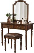 Vintage Vanity Desk with Mirror, Wooden Dressing Table Set for Bedroom with 2 Drawers, Cushioned Stool for Girls Women