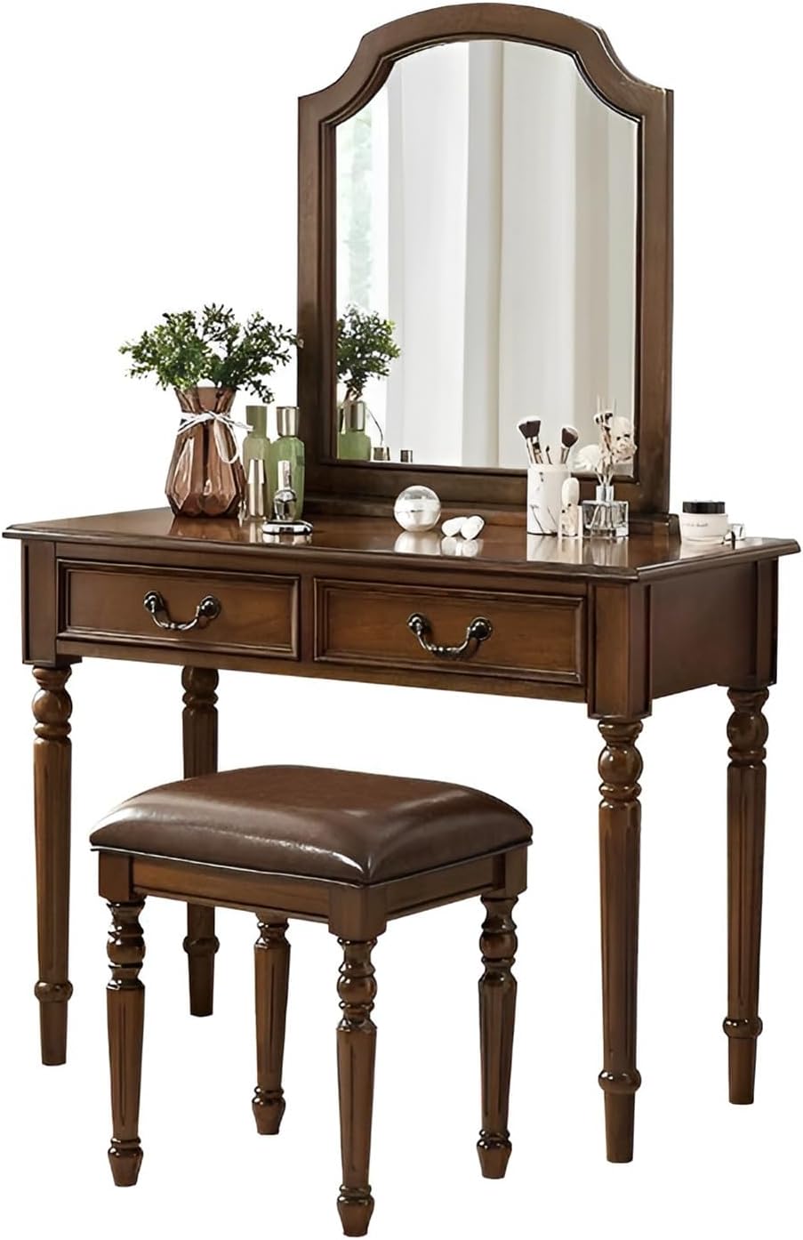 Vintage Vanity Desk with Mirror, Wooden Dressing Table Set for Bedroom with 2 Drawers, Cushioned Stool for Girls Women